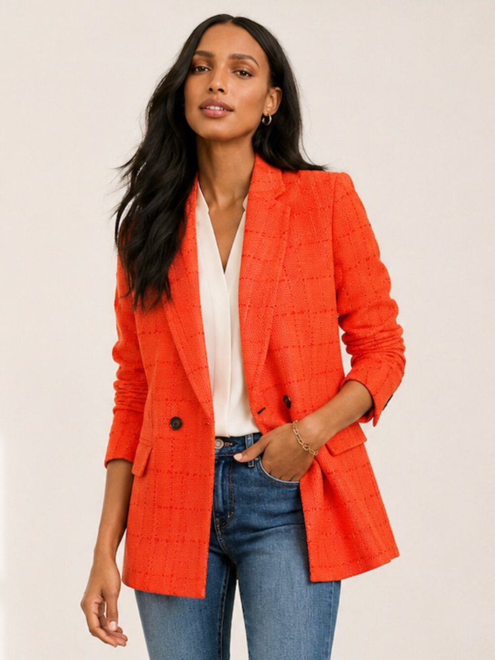 Ann Taylor Textured Plaid Double Breasted Blazer Orange Career Jacket 8
